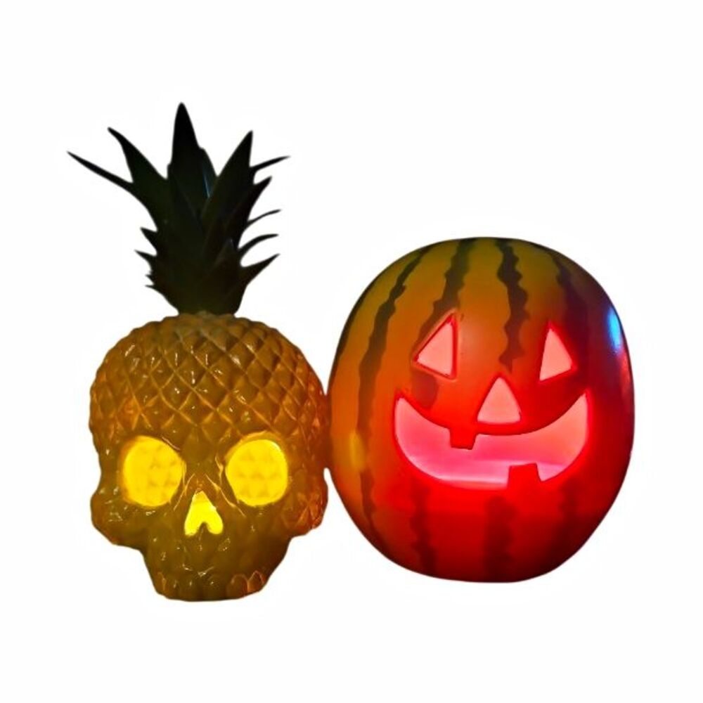 Halloween SEASONS Light Up Pineapple Skull Watermelon Jack O Lantern Decor Lot 2